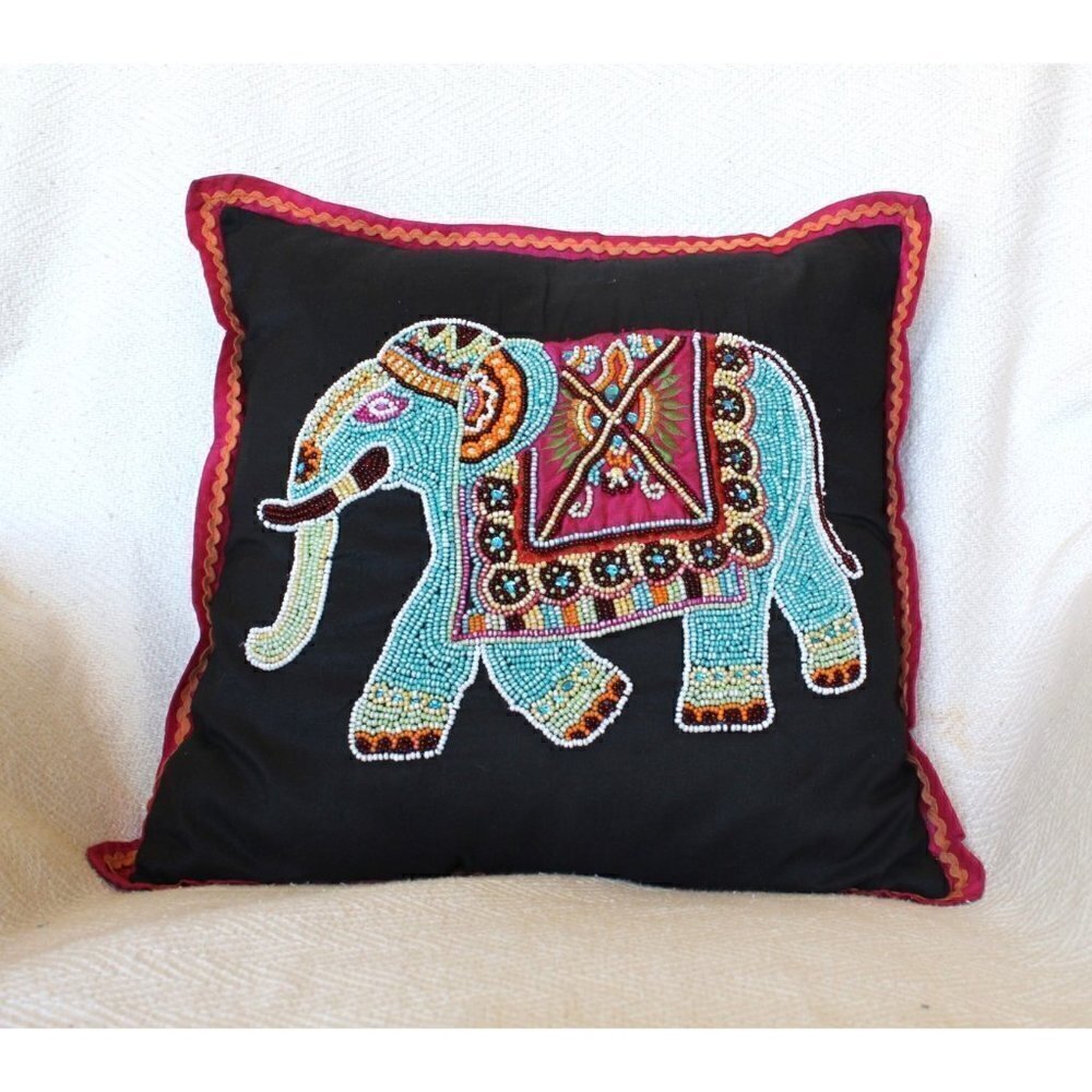Atira Designs elephant handmade beaded pillow colorful animal safari made India